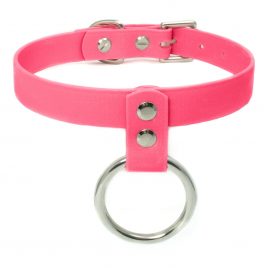 Hanging O-Ring Neon Pink Vegan Leather Collar
