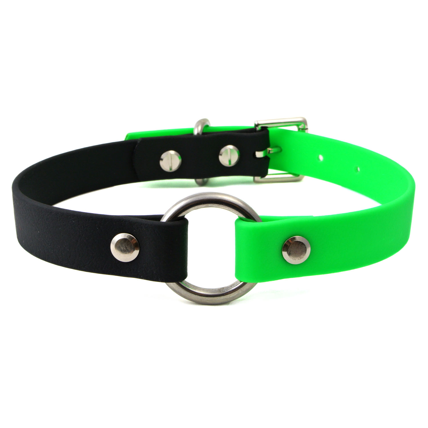 Single O-Ring-Black-and-Green-Vegan-Leather-Collar-1