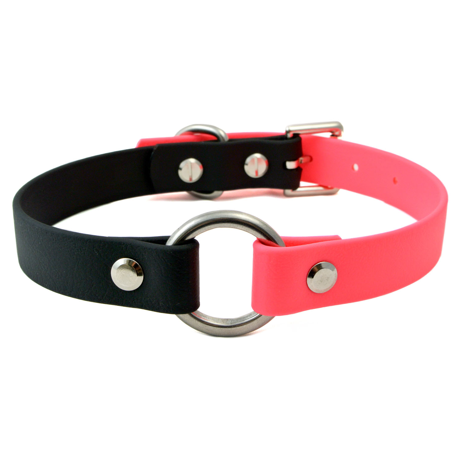 Single O-Ring-Black-and-Neon-Pink-Vegan-Leather-Collar-1